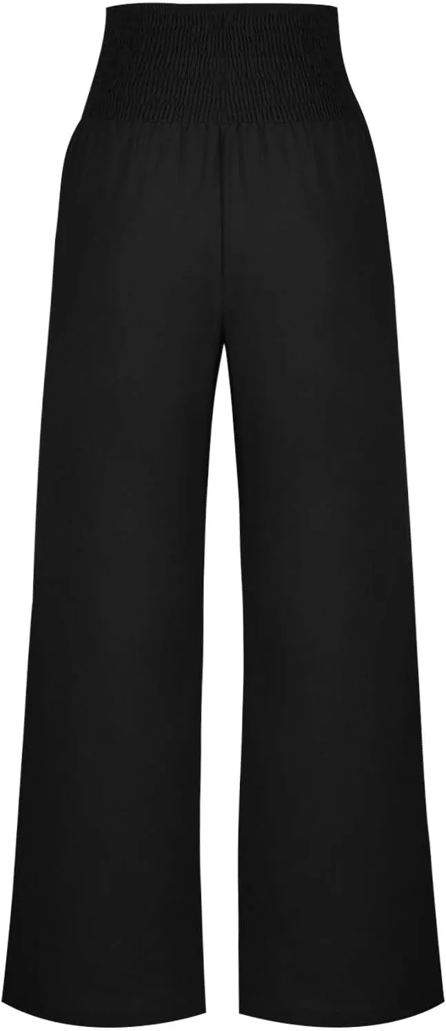 2025 Women Cotton Linen Smocked High Waist Pants Solid Wide Leg Long Pant Casual Lounge Trousers with Pockets