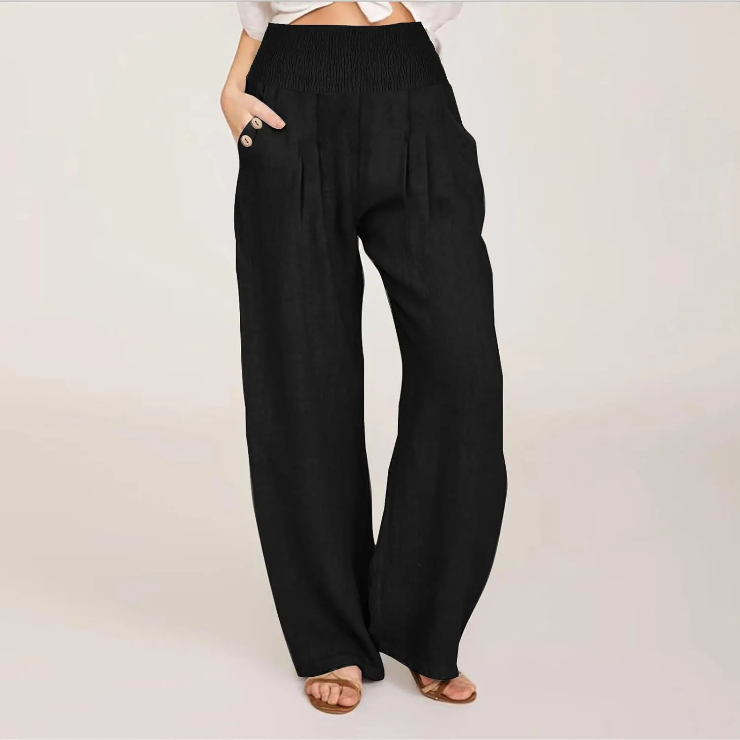 2025 Women Cotton Linen Smocked High Waist Pants Solid Wide Leg Long Pant Casual Lounge Trousers with Pockets