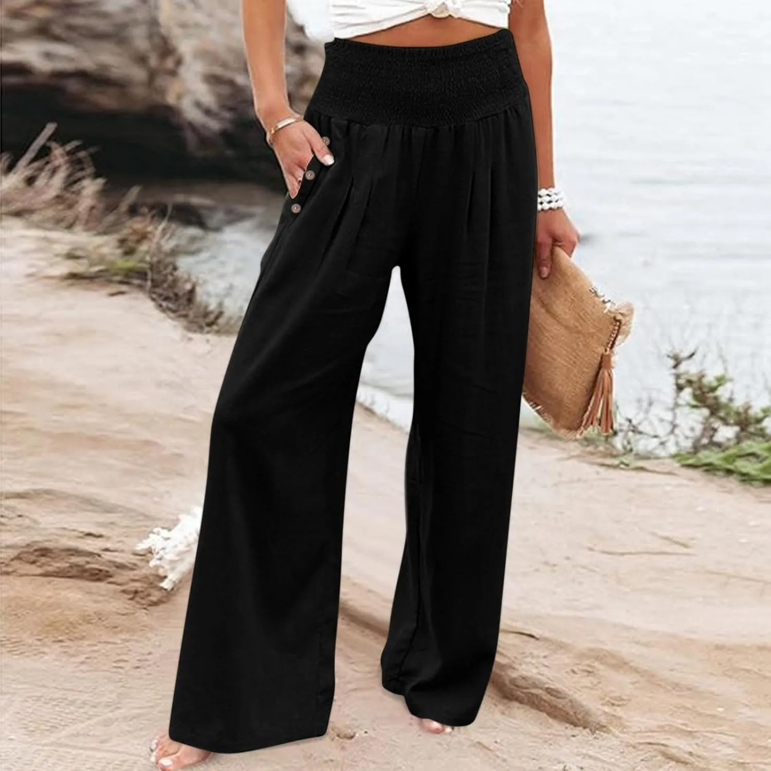 2025 Women Cotton Linen Smocked High Waist Pants Solid Wide Leg Long Pant Casual Lounge Trousers with Pockets