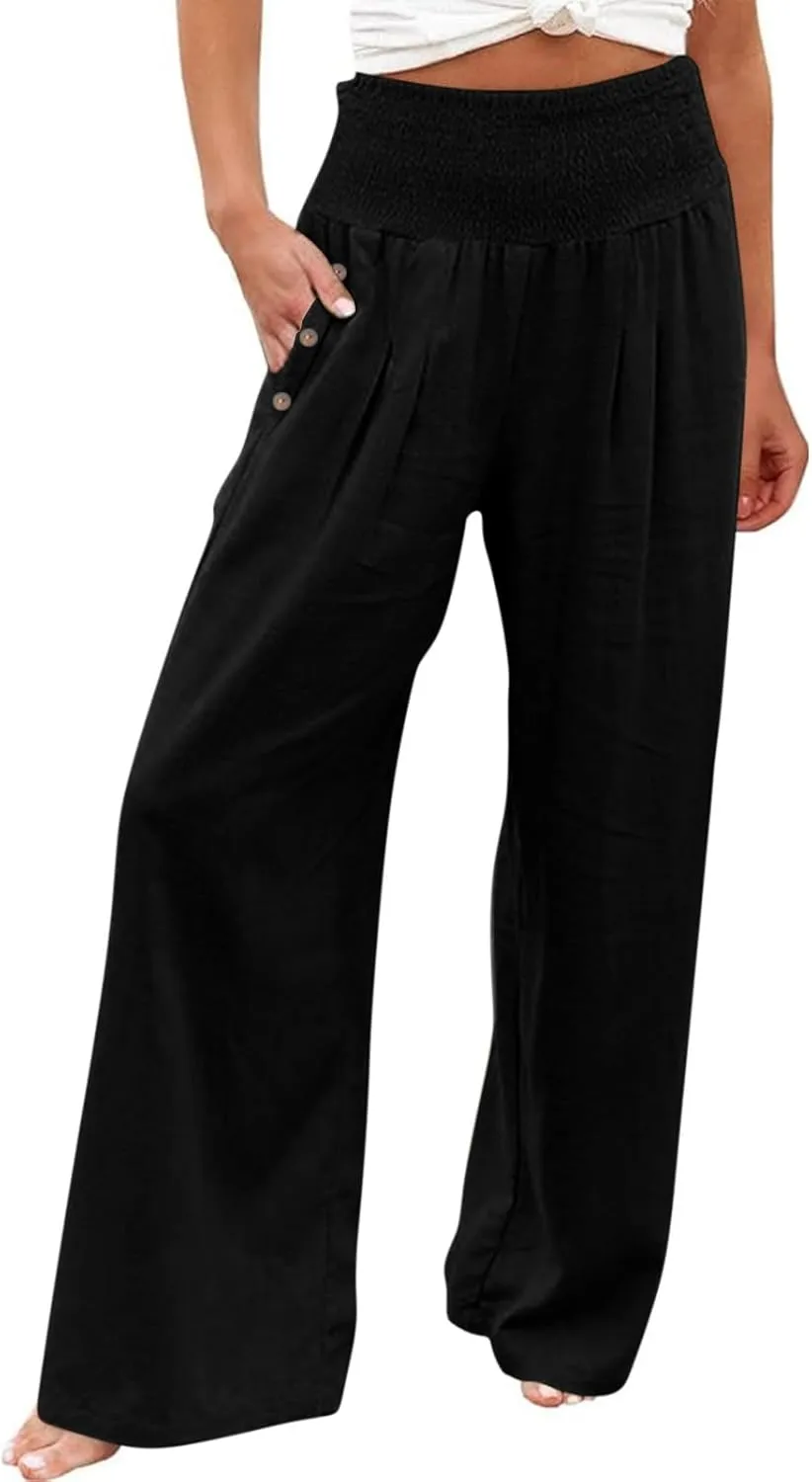 2025 Women Cotton Linen Smocked High Waist Pants Solid Wide Leg Long Pant Casual Lounge Trousers with Pockets