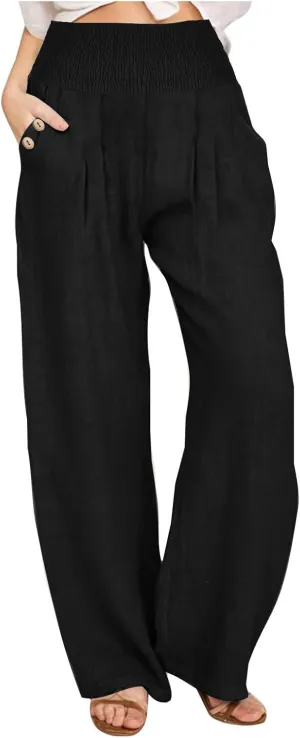 2025 Women Cotton Linen Smocked High Waist Pants Solid Wide Leg Long Pant Casual Lounge Trousers with Pockets