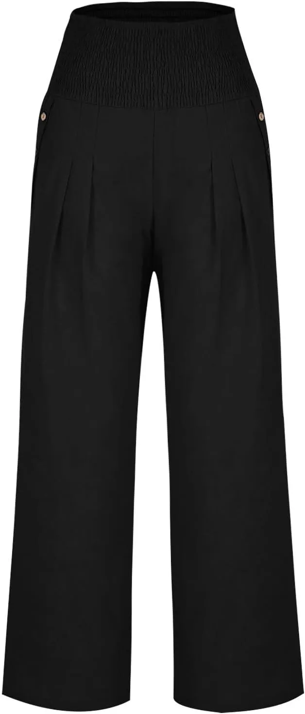 2025 Women Cotton Linen Smocked High Waist Pants Solid Wide Leg Long Pant Casual Lounge Trousers with Pockets