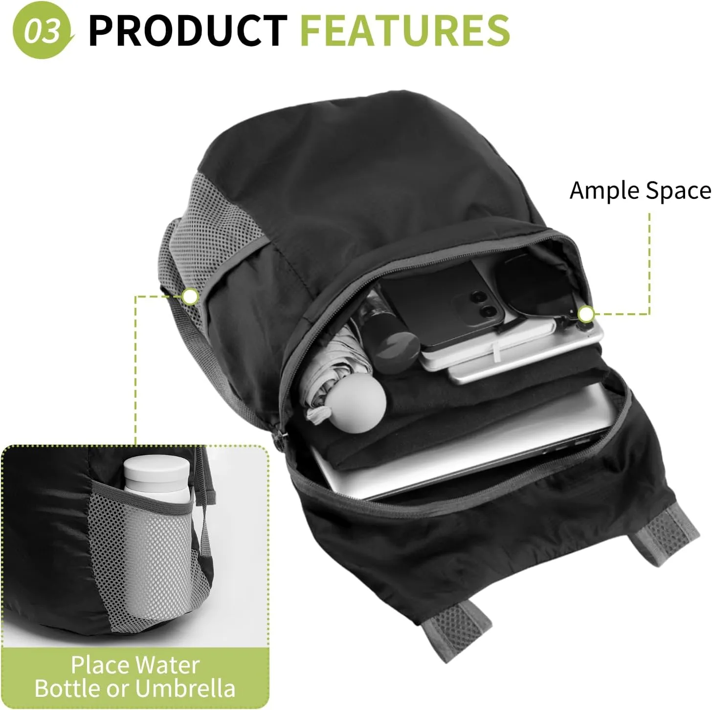20L Ultra Hiking-Daypack Lightweight Foldable Travel Packable Backpack for Camping Cycling Outdoor,black