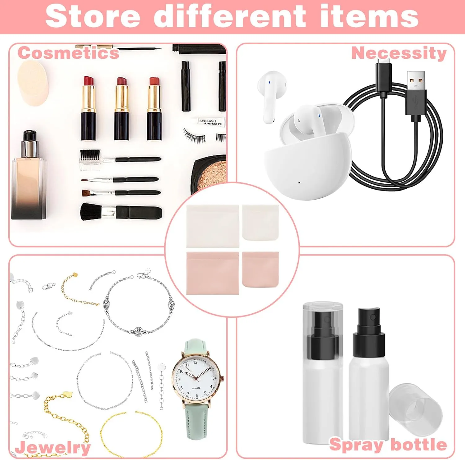 4Pcs Small Makeup Bag, Travel Storage Pouch for Women, Press Buckle Cosmetic Organizer for Lipstick, Jewelry and Purse