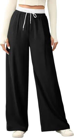 Acelitt Womens Winter Pants 2024 Wide Leg Drawstring Elastic Waist Casual Loose Comfy Trousers with Pockets