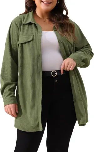 Agnes Orinda Plus Size Corduroy Shacket Jackets for Women Button Down Shirts Pocket Long Sleeves Tops Jacket