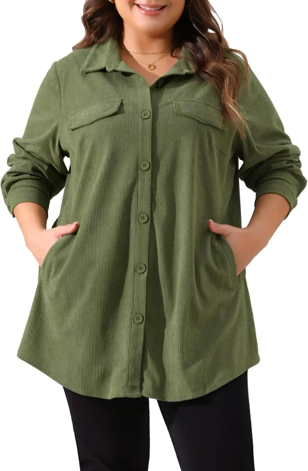 Agnes Orinda Plus Size Corduroy Shacket Jackets for Women Button Down Shirts Pocket Long Sleeves Tops Jacket