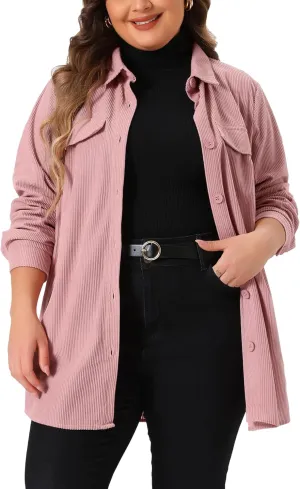 Agnes Orinda Plus Size Corduroy Shacket Jackets for Women Button Down Shirts Pocket Long Sleeves Tops Jacket