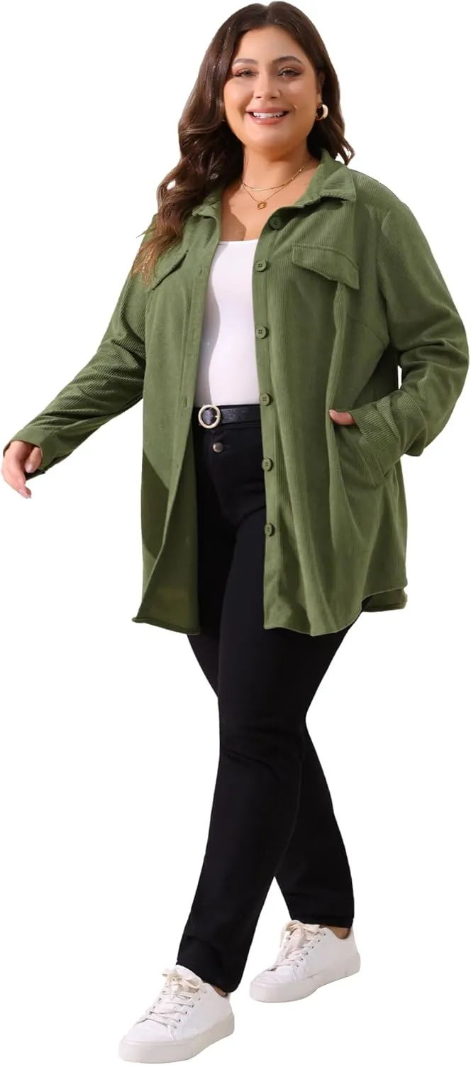 Agnes Orinda Plus Size Corduroy Shacket Jackets for Women Button Down Shirts Pocket Long Sleeves Tops Jacket