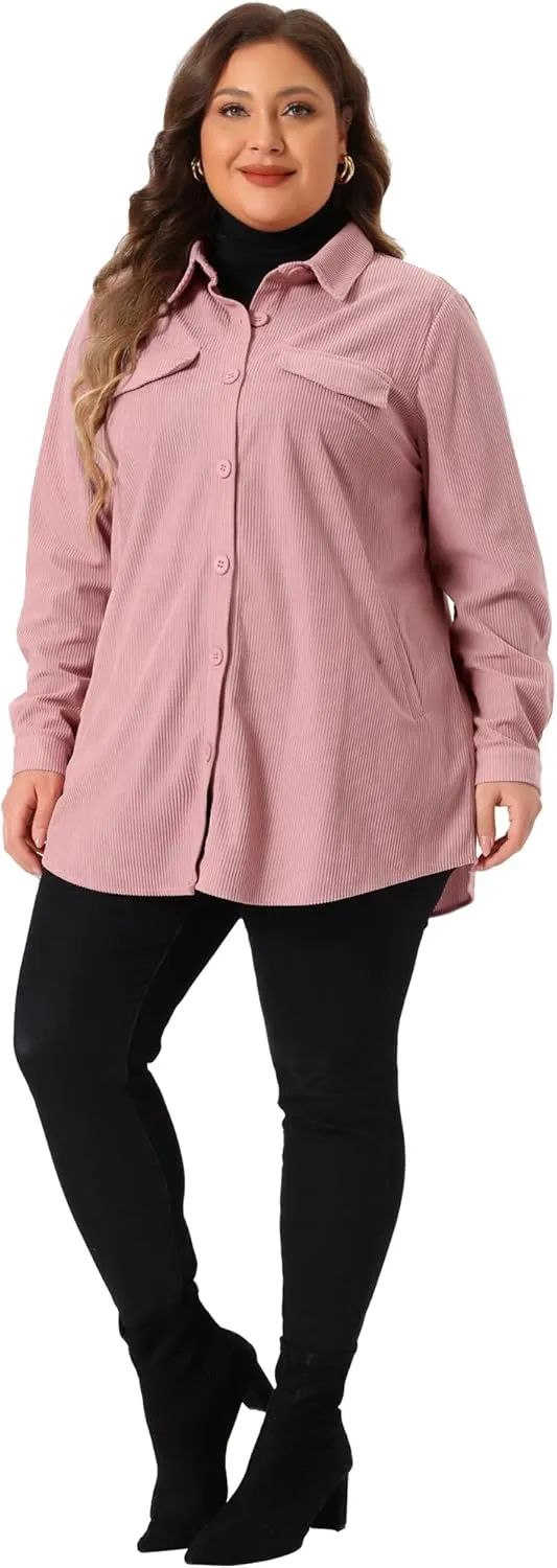 Agnes Orinda Plus Size Corduroy Shacket Jackets for Women Button Down Shirts Pocket Long Sleeves Tops Jacket