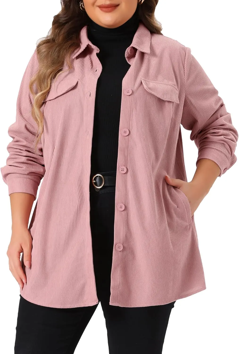 Agnes Orinda Plus Size Corduroy Shacket Jackets for Women Button Down Shirts Pocket Long Sleeves Tops Jacket