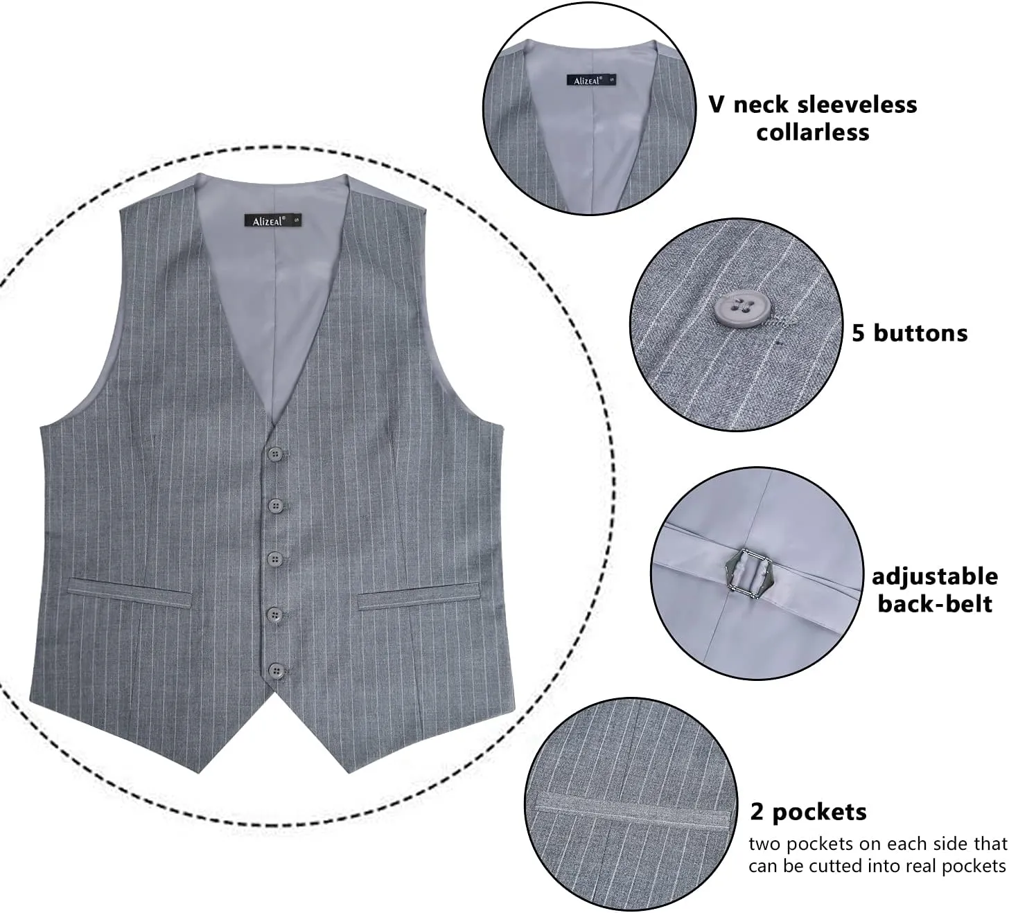 Alizeal Mens Pinstripe Business Suit Vest Formal Dress Tuxedo Waistcoat