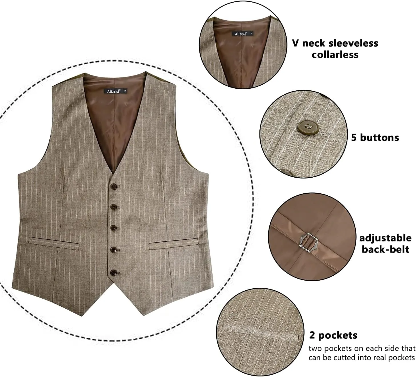 Alizeal Mens Pinstripe Business Suit Vest Formal Dress Tuxedo Waistcoat