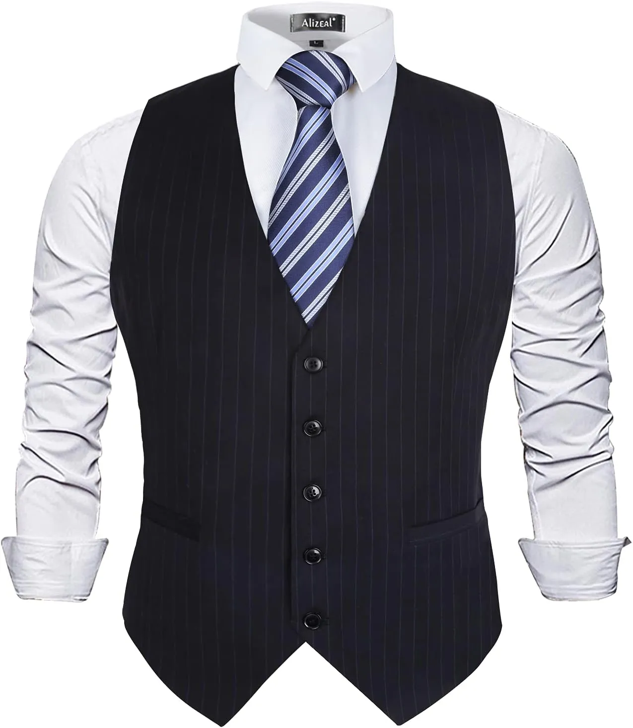 Alizeal Mens Pinstripe Business Suit Vest Formal Dress Tuxedo Waistcoat