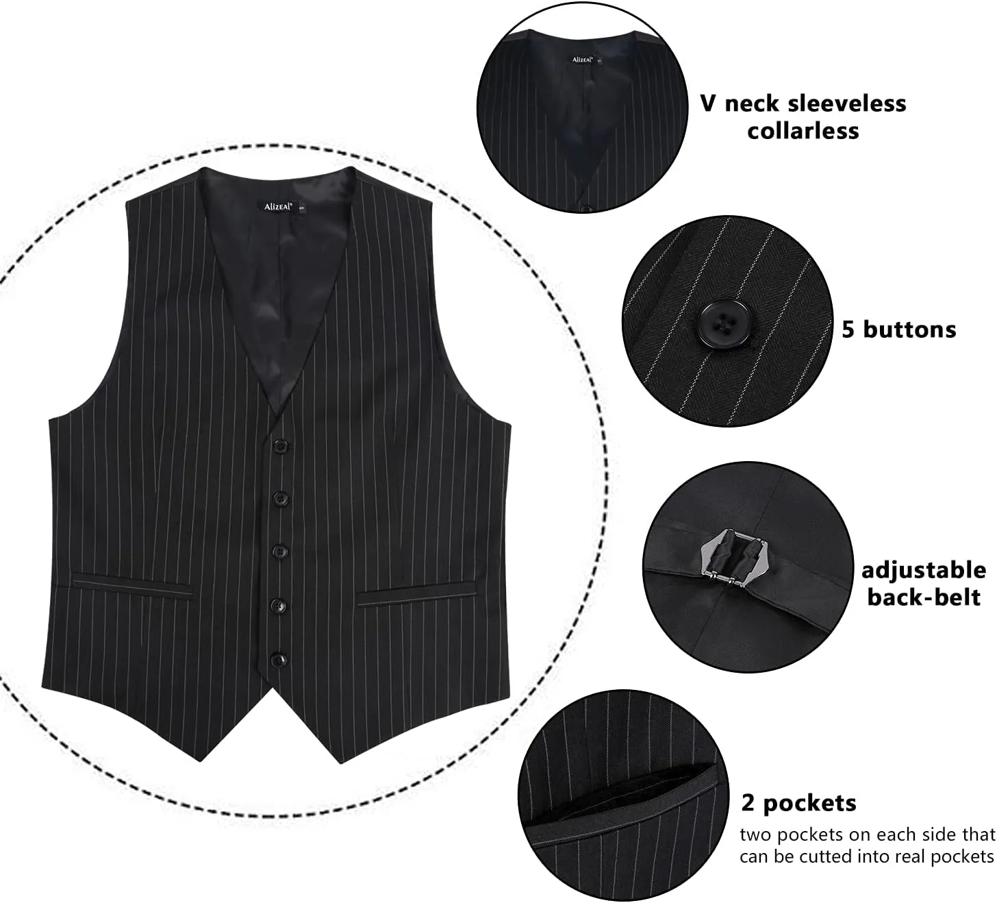 Alizeal Mens Pinstripe Business Suit Vest Formal Dress Tuxedo Waistcoat