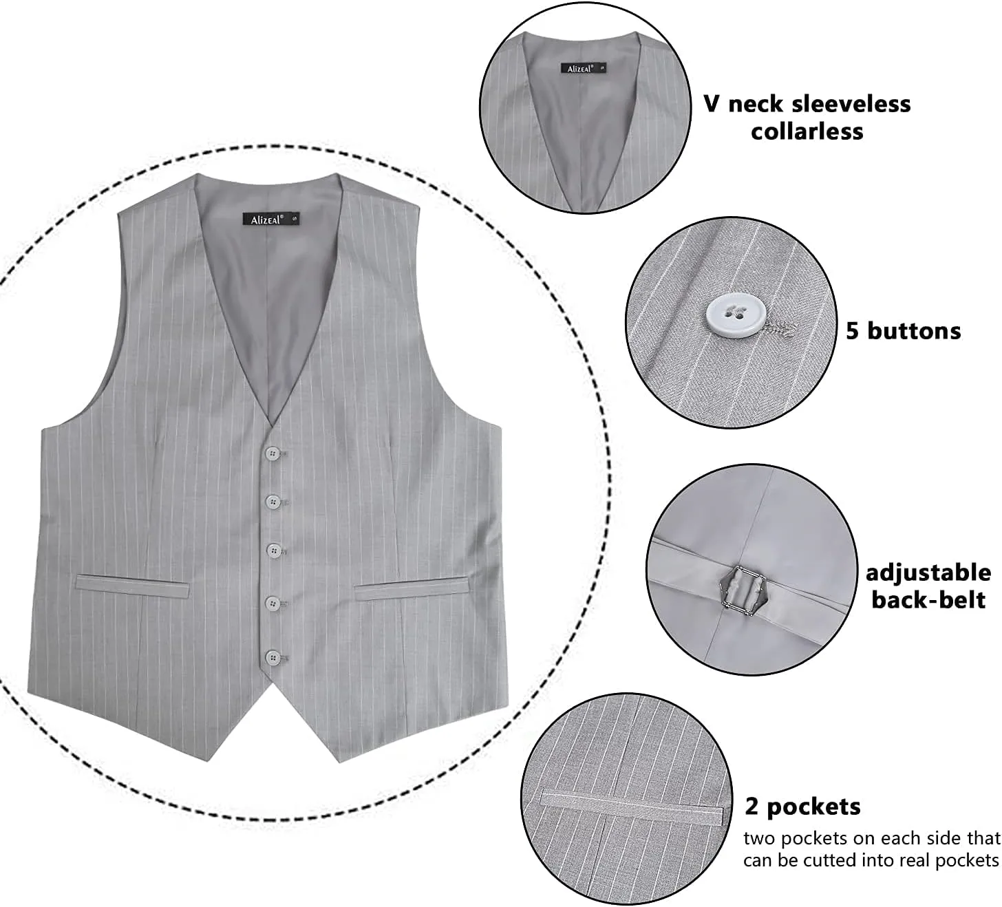 Alizeal Mens Pinstripe Business Suit Vest Formal Dress Tuxedo Waistcoat