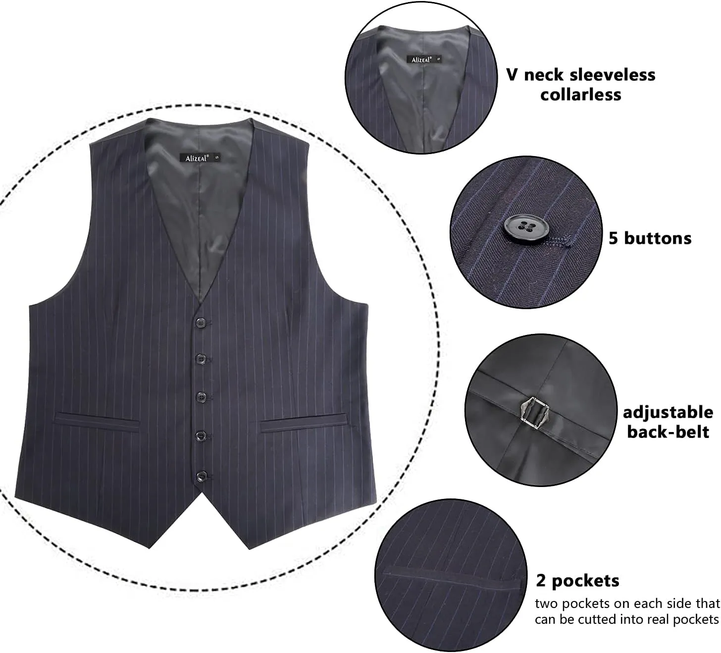 Alizeal Mens Pinstripe Business Suit Vest Formal Dress Tuxedo Waistcoat