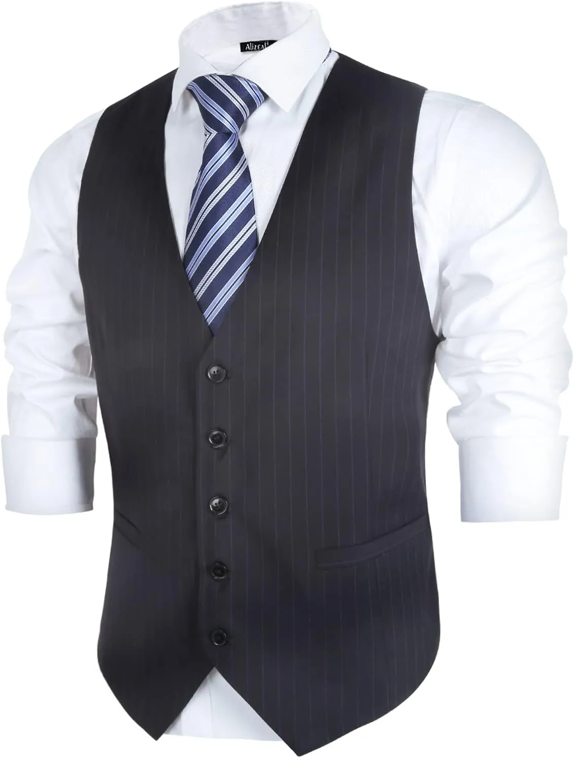Alizeal Mens Pinstripe Business Suit Vest Formal Dress Tuxedo Waistcoat
