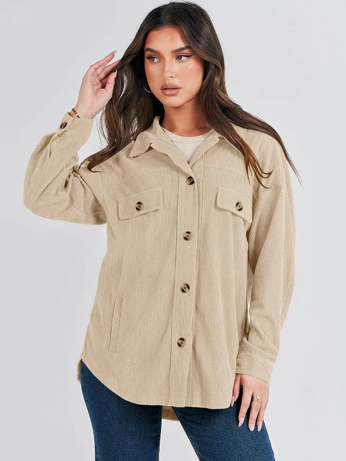 ANRABESS Womens Corduroy Shacket Button Down Shirts Oversized Long Sleeve Casual Cardigan Jacket 2025 Fall Fashion Clothes