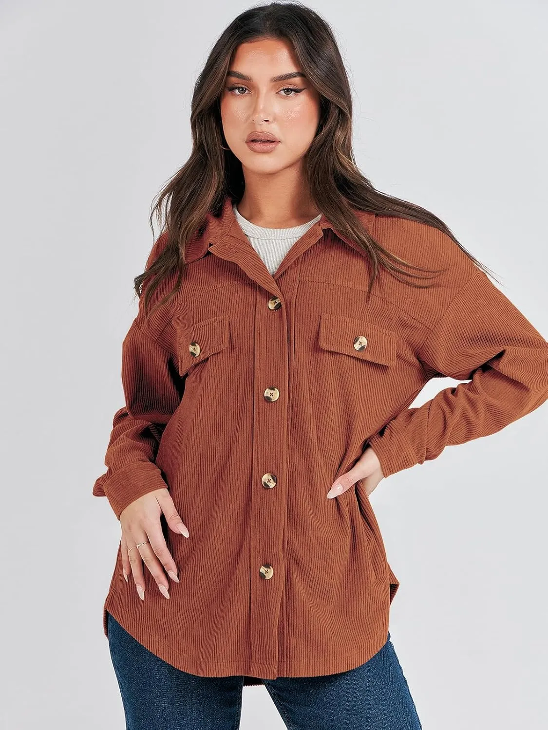 ANRABESS Womens Corduroy Shacket Button Down Shirts Oversized Long Sleeve Casual Cardigan Jacket 2025 Fall Fashion Clothes