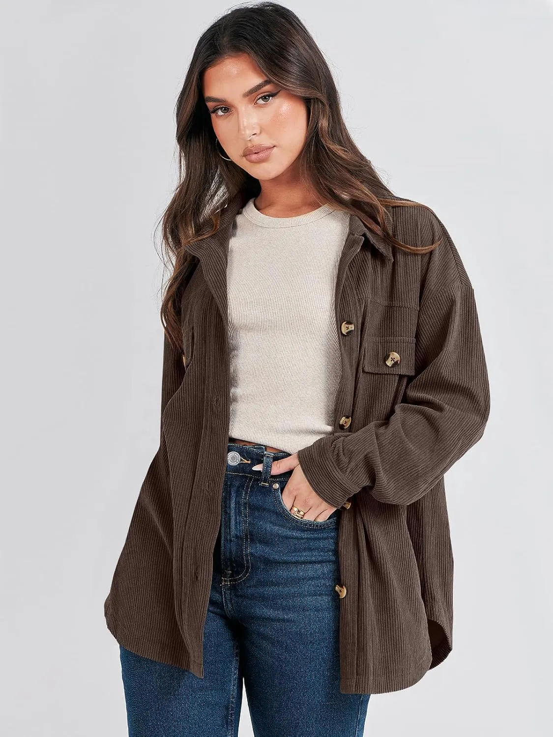ANRABESS Womens Corduroy Shacket Button Down Shirts Oversized Long Sleeve Casual Cardigan Jacket 2025 Fall Fashion Clothes