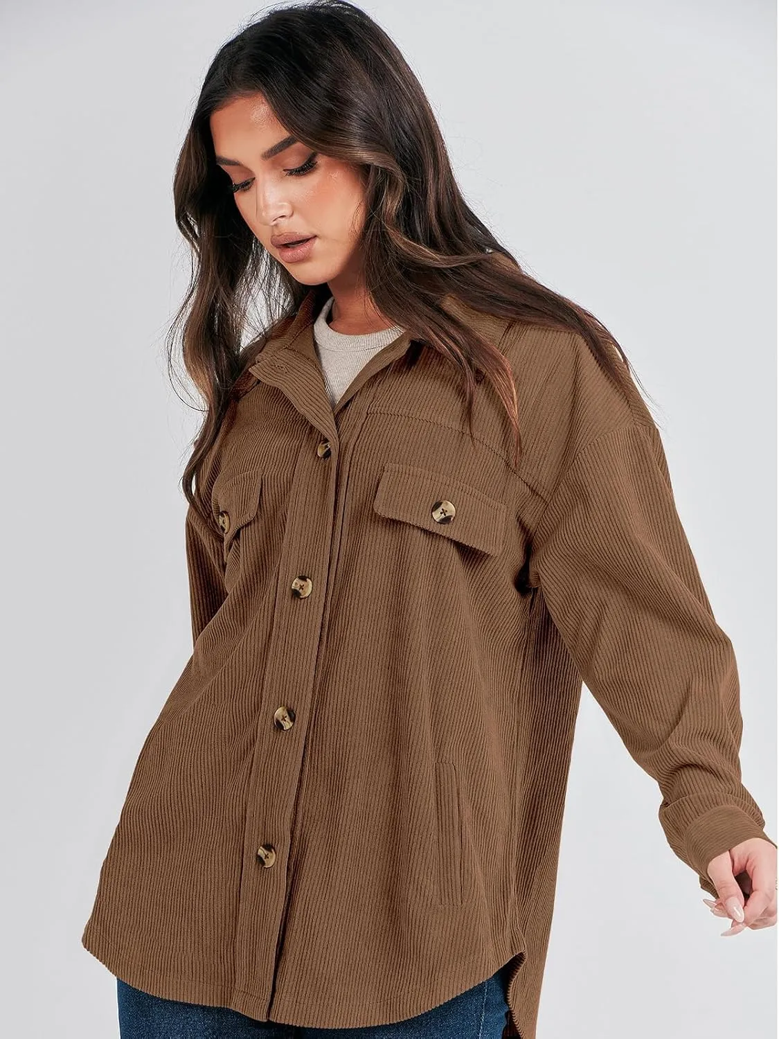 ANRABESS Womens Corduroy Shacket Button Down Shirts Oversized Long Sleeve Casual Cardigan Jacket 2025 Fall Fashion Clothes
