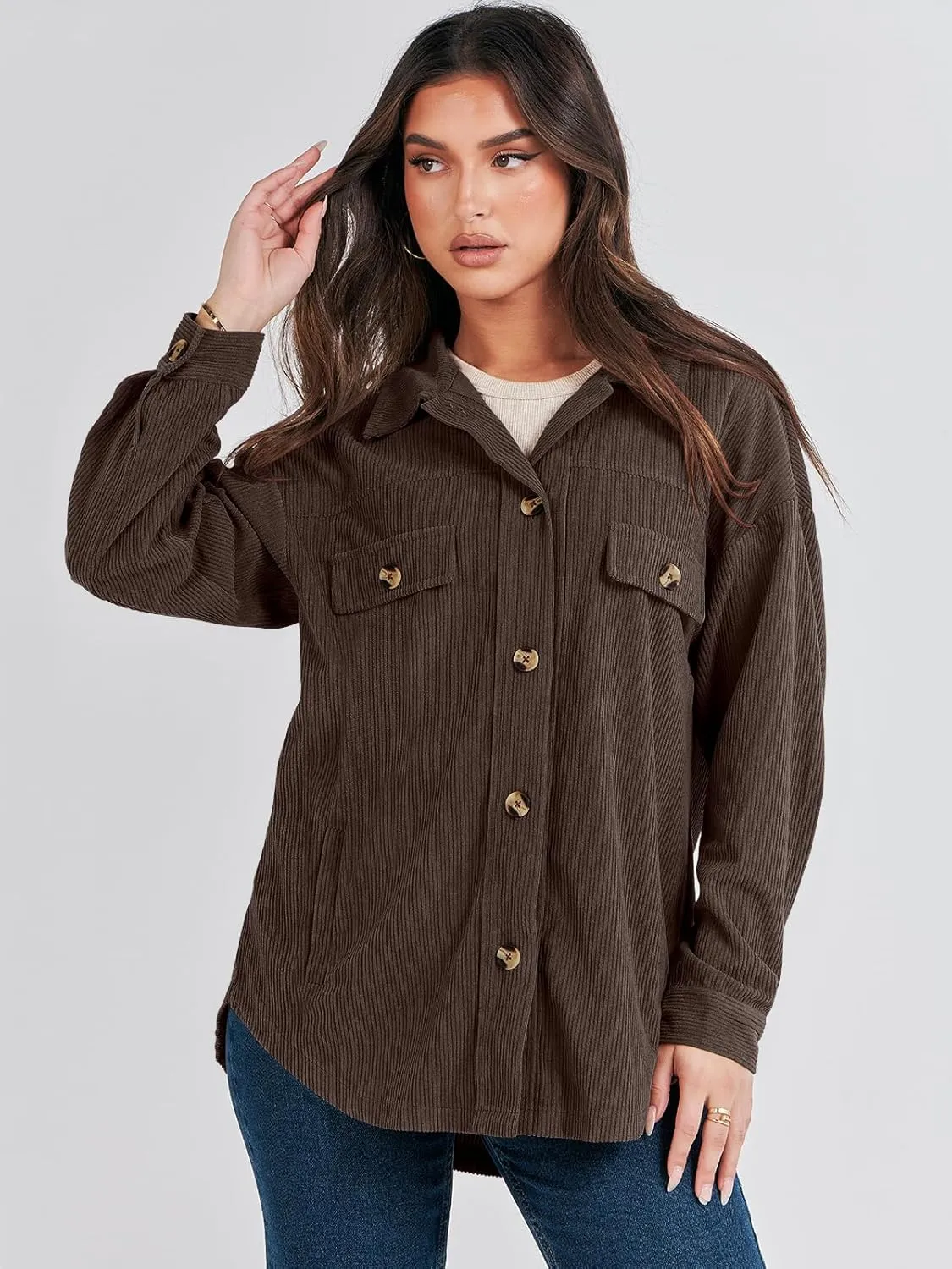 ANRABESS Womens Corduroy Shacket Button Down Shirts Oversized Long Sleeve Casual Cardigan Jacket 2025 Fall Fashion Clothes