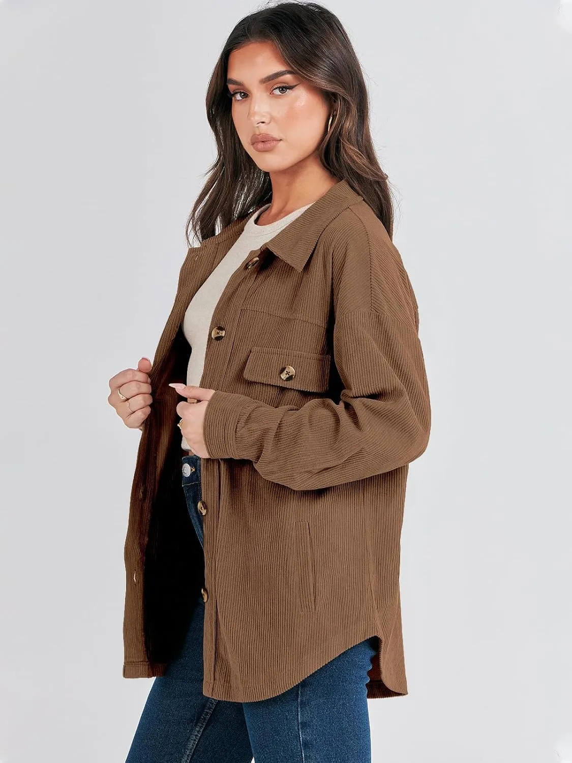 ANRABESS Womens Corduroy Shacket Button Down Shirts Oversized Long Sleeve Casual Cardigan Jacket 2025 Fall Fashion Clothes