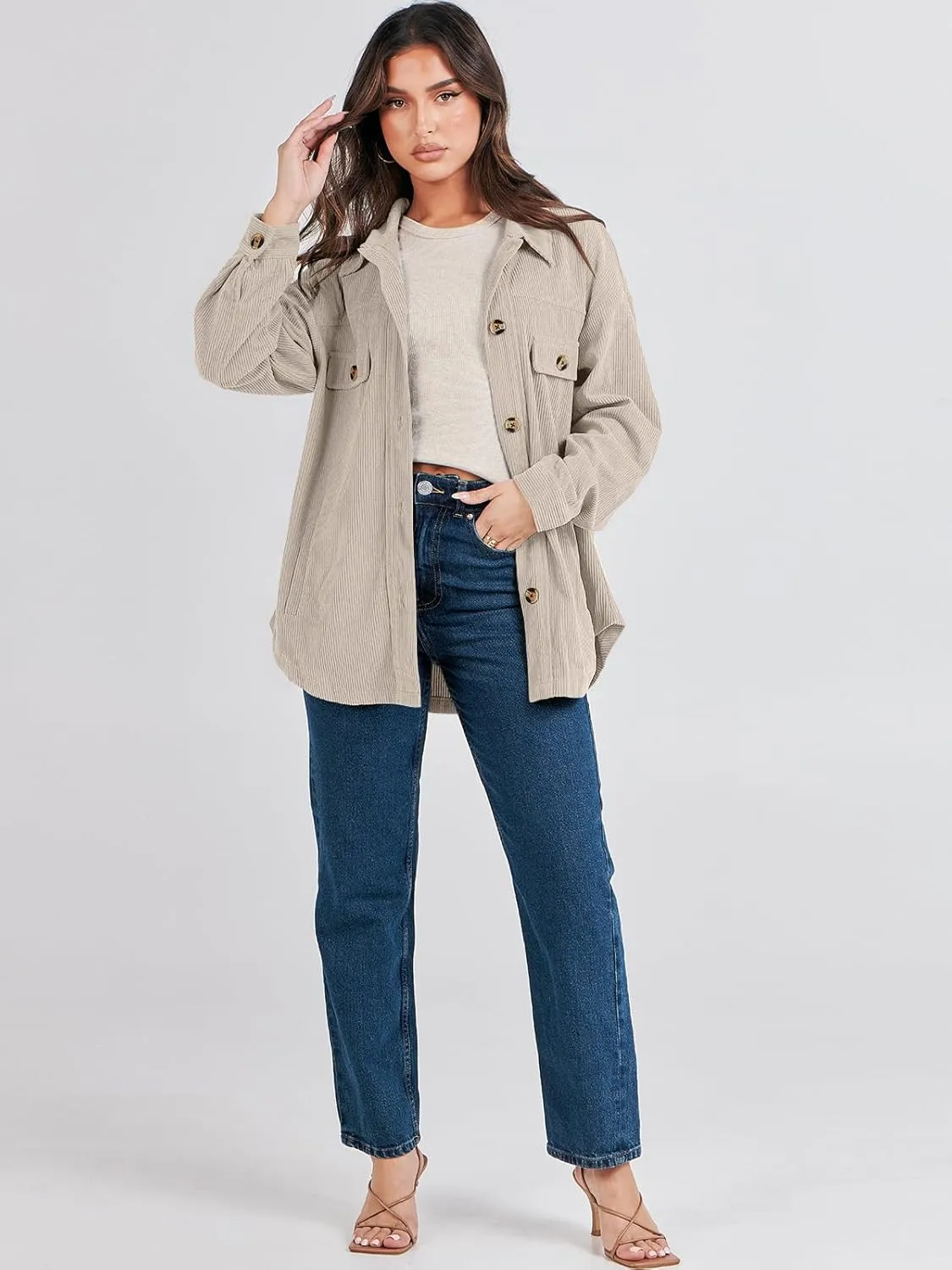 ANRABESS Womens Corduroy Shacket Button Down Shirts Oversized Long Sleeve Casual Cardigan Jacket 2025 Fall Fashion Clothes