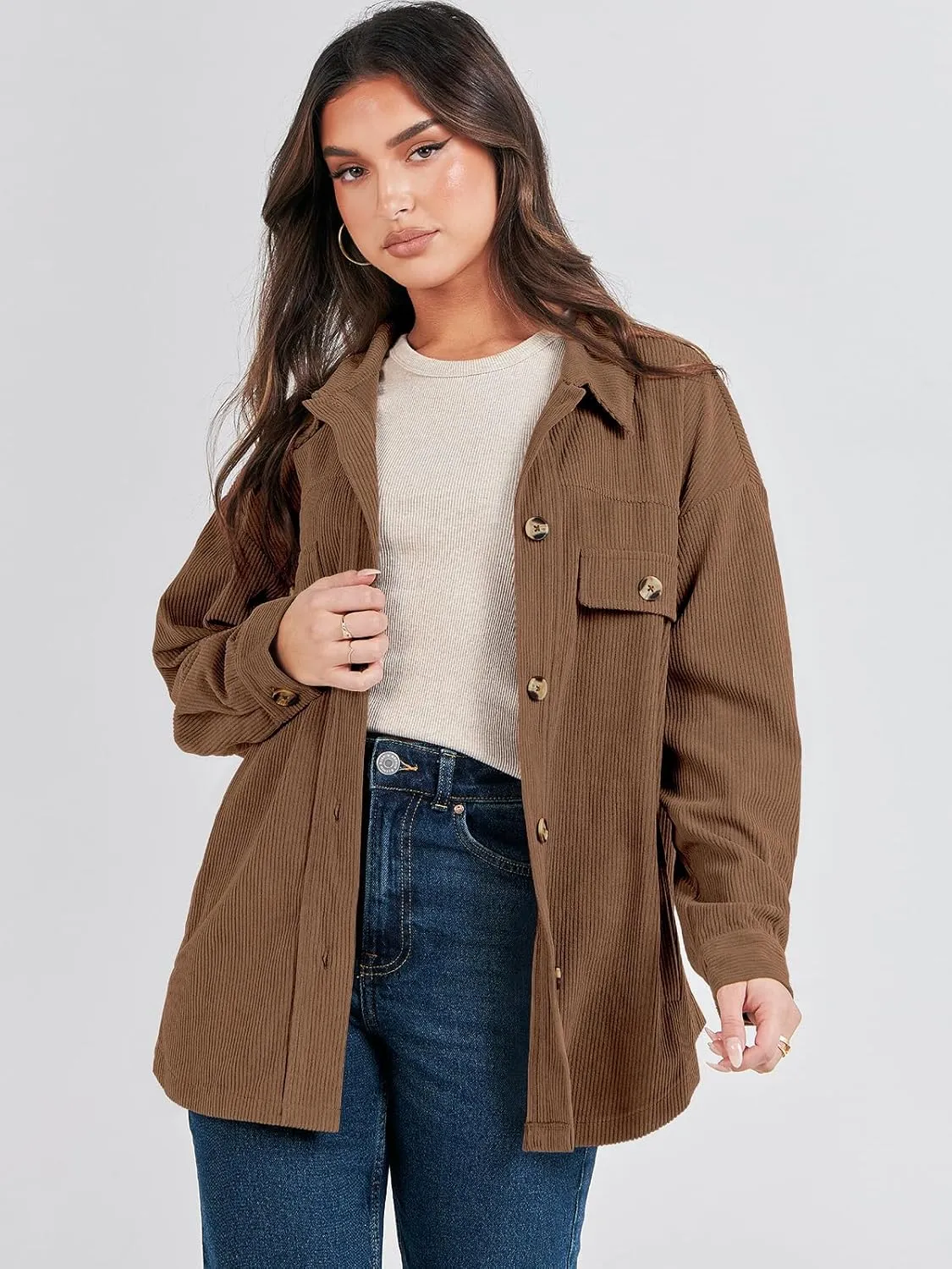 ANRABESS Womens Corduroy Shacket Button Down Shirts Oversized Long Sleeve Casual Cardigan Jacket 2025 Fall Fashion Clothes
