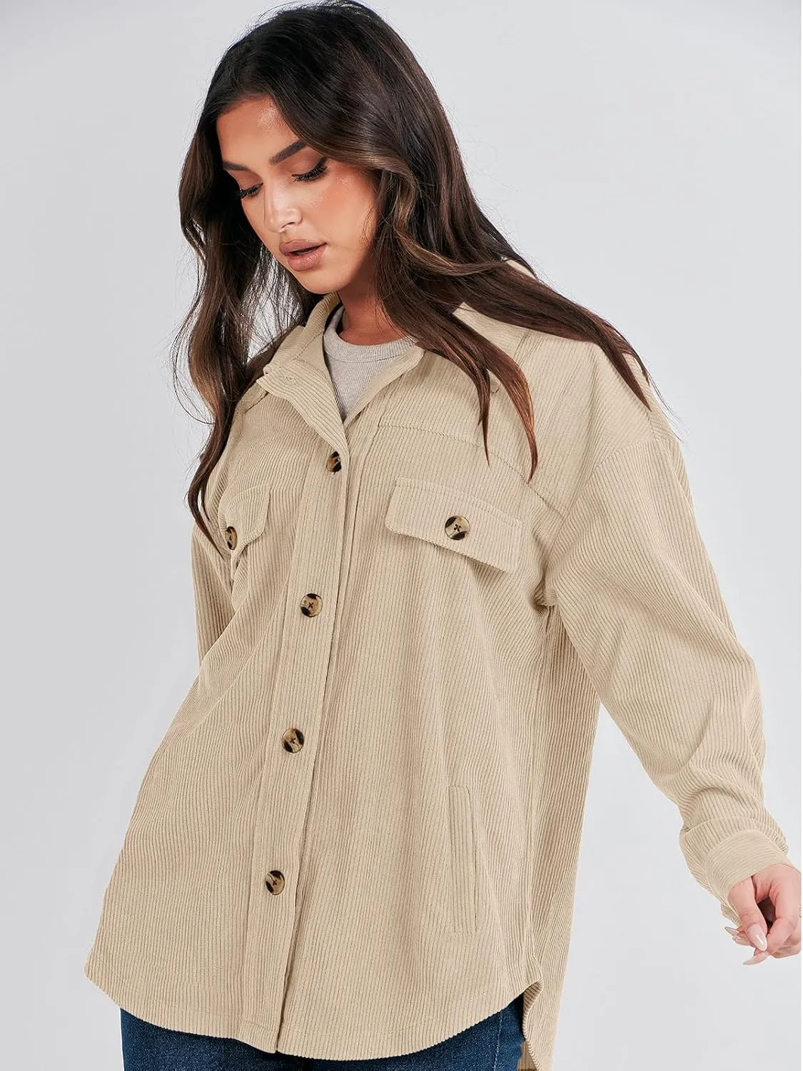 ANRABESS Womens Corduroy Shacket Button Down Shirts Oversized Long Sleeve Casual Cardigan Jacket 2025 Fall Fashion Clothes
