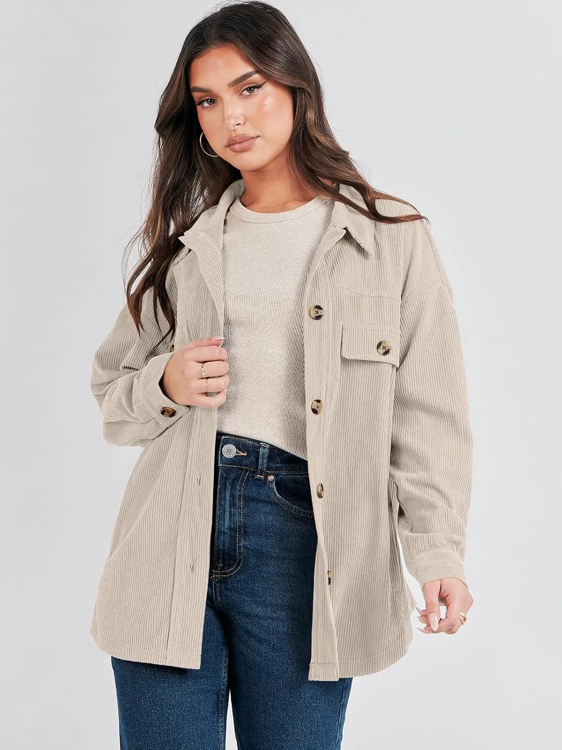 ANRABESS Womens Corduroy Shacket Button Down Shirts Oversized Long Sleeve Casual Cardigan Jacket 2025 Fall Fashion Clothes