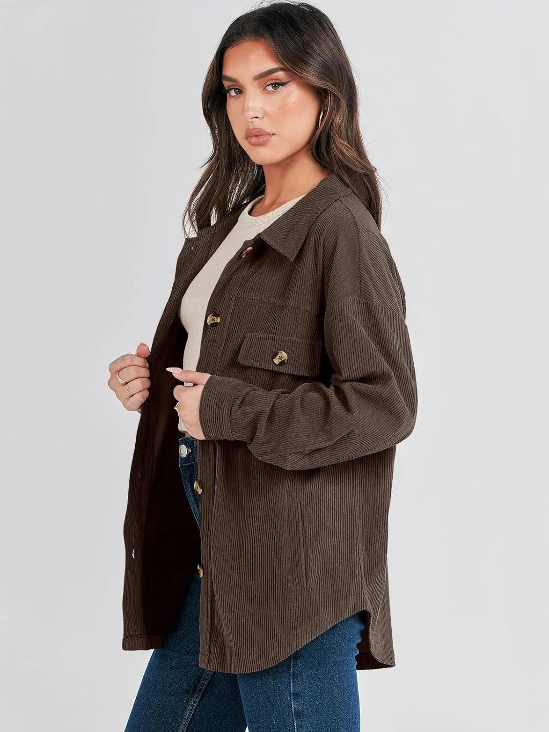 ANRABESS Womens Corduroy Shacket Button Down Shirts Oversized Long Sleeve Casual Cardigan Jacket 2025 Fall Fashion Clothes
