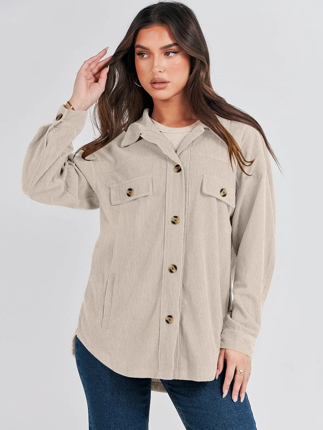 ANRABESS Womens Corduroy Shacket Button Down Shirts Oversized Long Sleeve Casual Cardigan Jacket 2025 Fall Fashion Clothes
