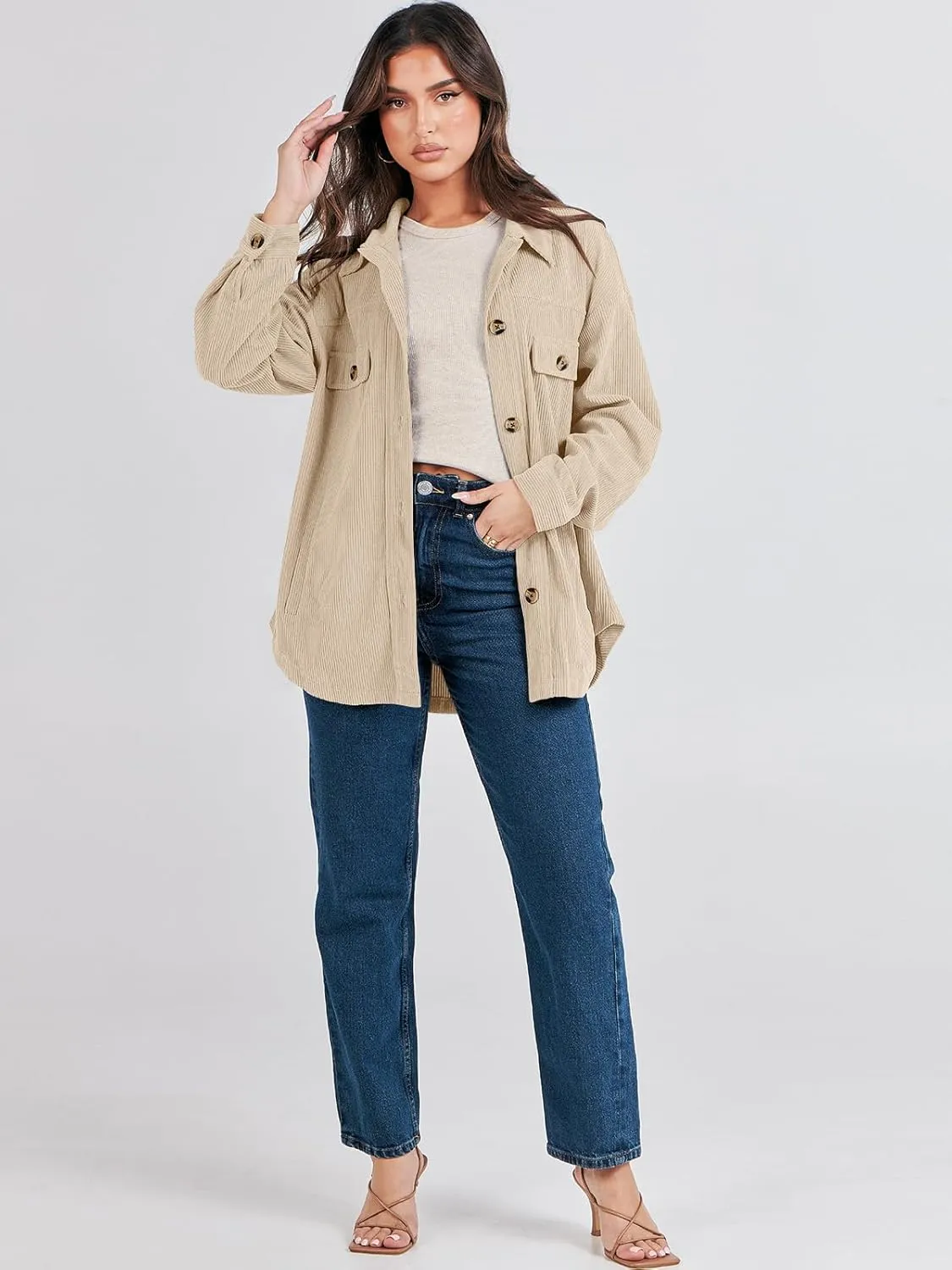 ANRABESS Womens Corduroy Shacket Button Down Shirts Oversized Long Sleeve Casual Cardigan Jacket 2025 Fall Fashion Clothes