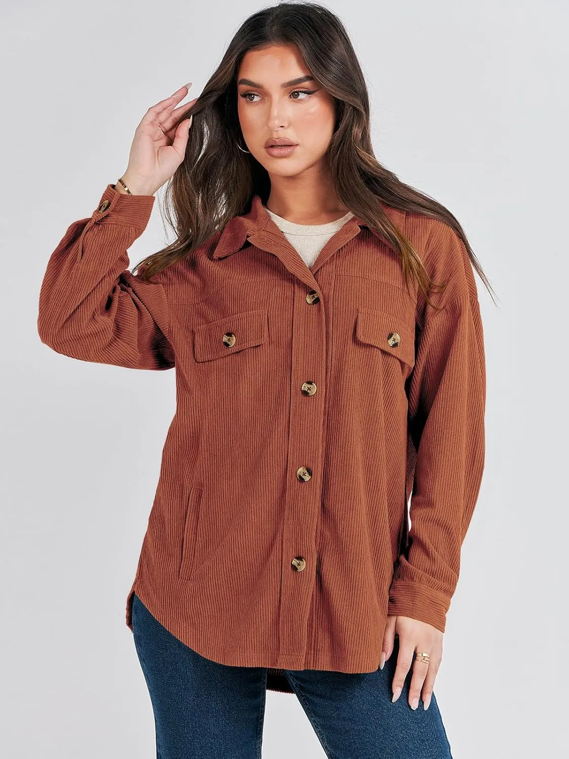 ANRABESS Womens Corduroy Shacket Button Down Shirts Oversized Long Sleeve Casual Cardigan Jacket 2025 Fall Fashion Clothes