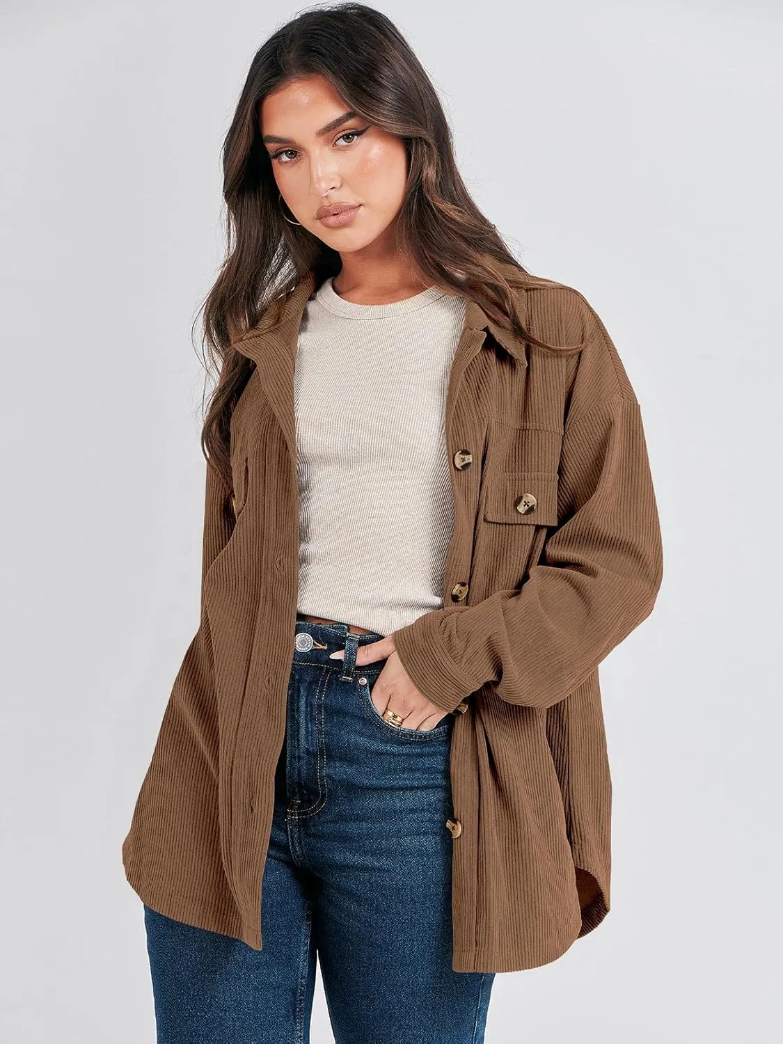 ANRABESS Womens Corduroy Shacket Button Down Shirts Oversized Long Sleeve Casual Cardigan Jacket 2025 Fall Fashion Clothes