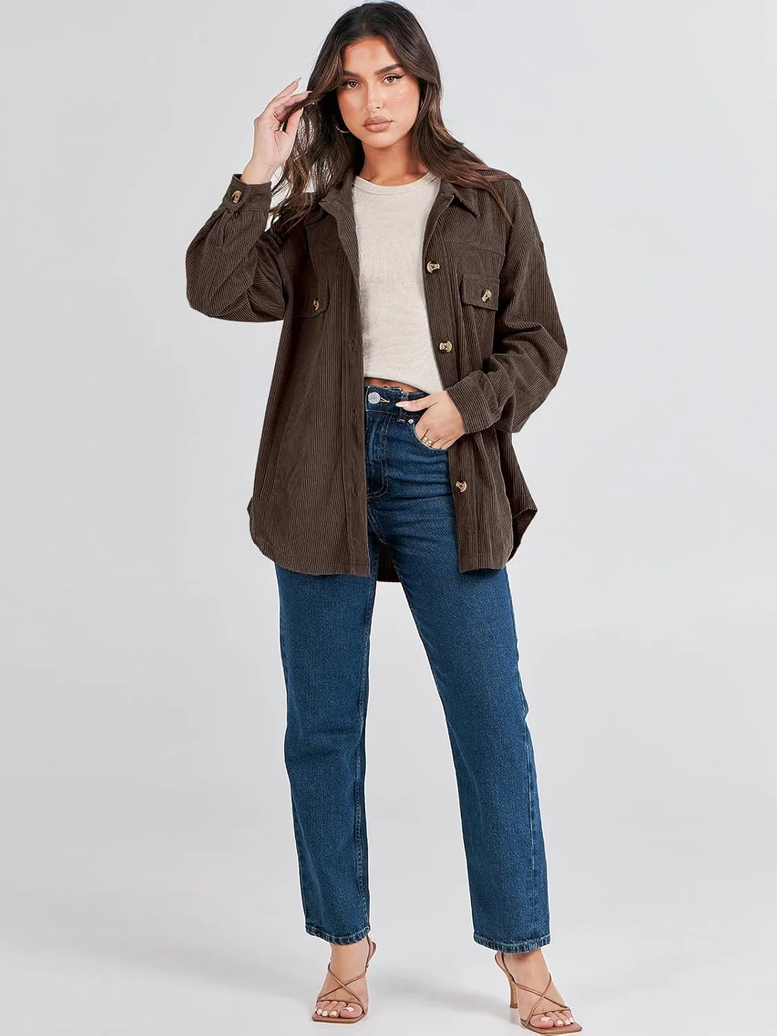 ANRABESS Womens Corduroy Shacket Button Down Shirts Oversized Long Sleeve Casual Cardigan Jacket 2025 Fall Fashion Clothes