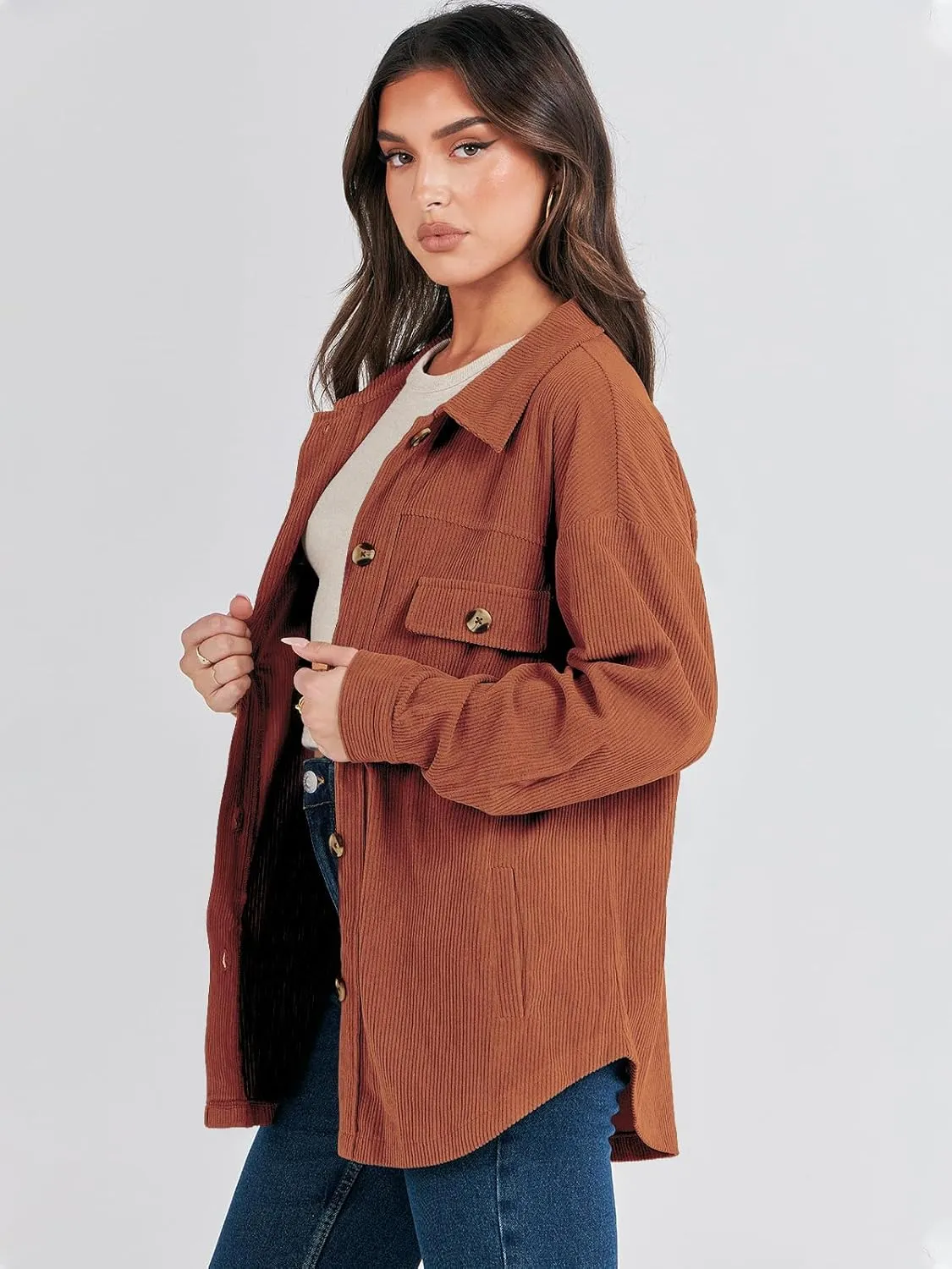 ANRABESS Womens Corduroy Shacket Button Down Shirts Oversized Long Sleeve Casual Cardigan Jacket 2025 Fall Fashion Clothes