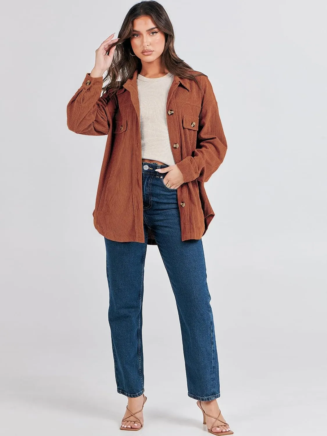 ANRABESS Womens Corduroy Shacket Button Down Shirts Oversized Long Sleeve Casual Cardigan Jacket 2025 Fall Fashion Clothes