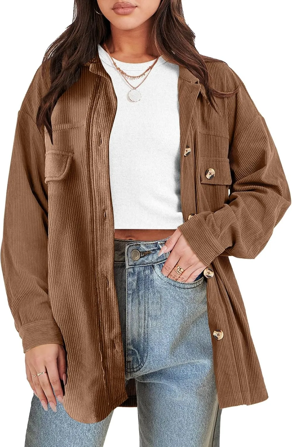 ANRABESS Womens Corduroy Shacket Button Down Shirts Oversized Long Sleeve Casual Cardigan Jacket 2025 Fall Fashion Clothes