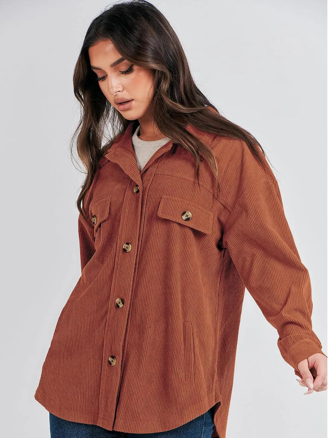 ANRABESS Womens Corduroy Shacket Button Down Shirts Oversized Long Sleeve Casual Cardigan Jacket 2025 Fall Fashion Clothes