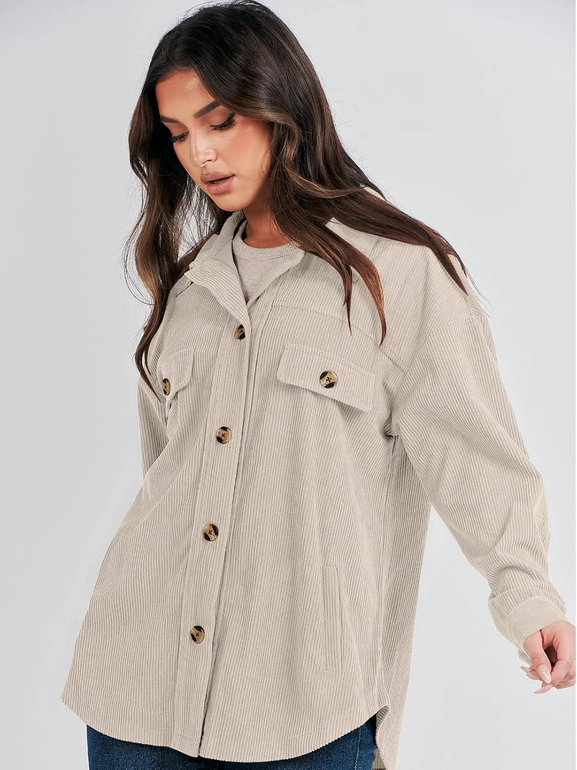 ANRABESS Womens Corduroy Shacket Button Down Shirts Oversized Long Sleeve Casual Cardigan Jacket 2025 Fall Fashion Clothes