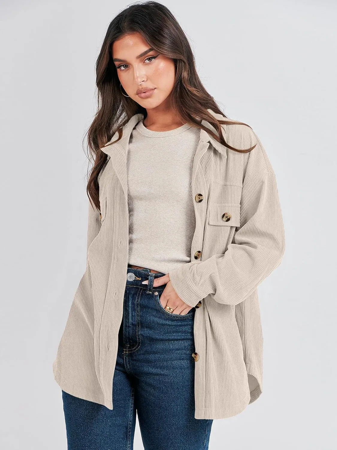 ANRABESS Womens Corduroy Shacket Button Down Shirts Oversized Long Sleeve Casual Cardigan Jacket 2025 Fall Fashion Clothes