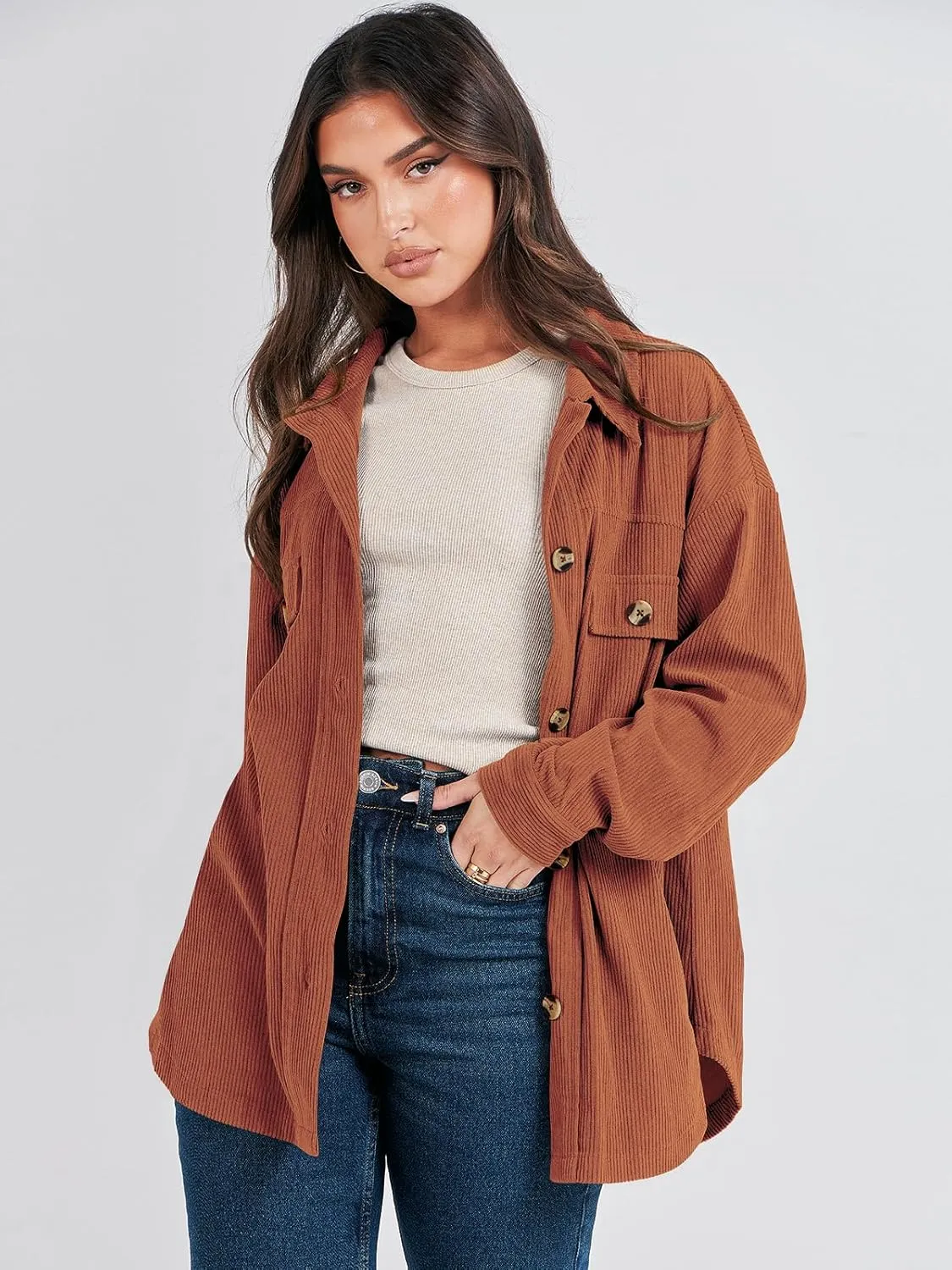 ANRABESS Womens Corduroy Shacket Button Down Shirts Oversized Long Sleeve Casual Cardigan Jacket 2025 Fall Fashion Clothes