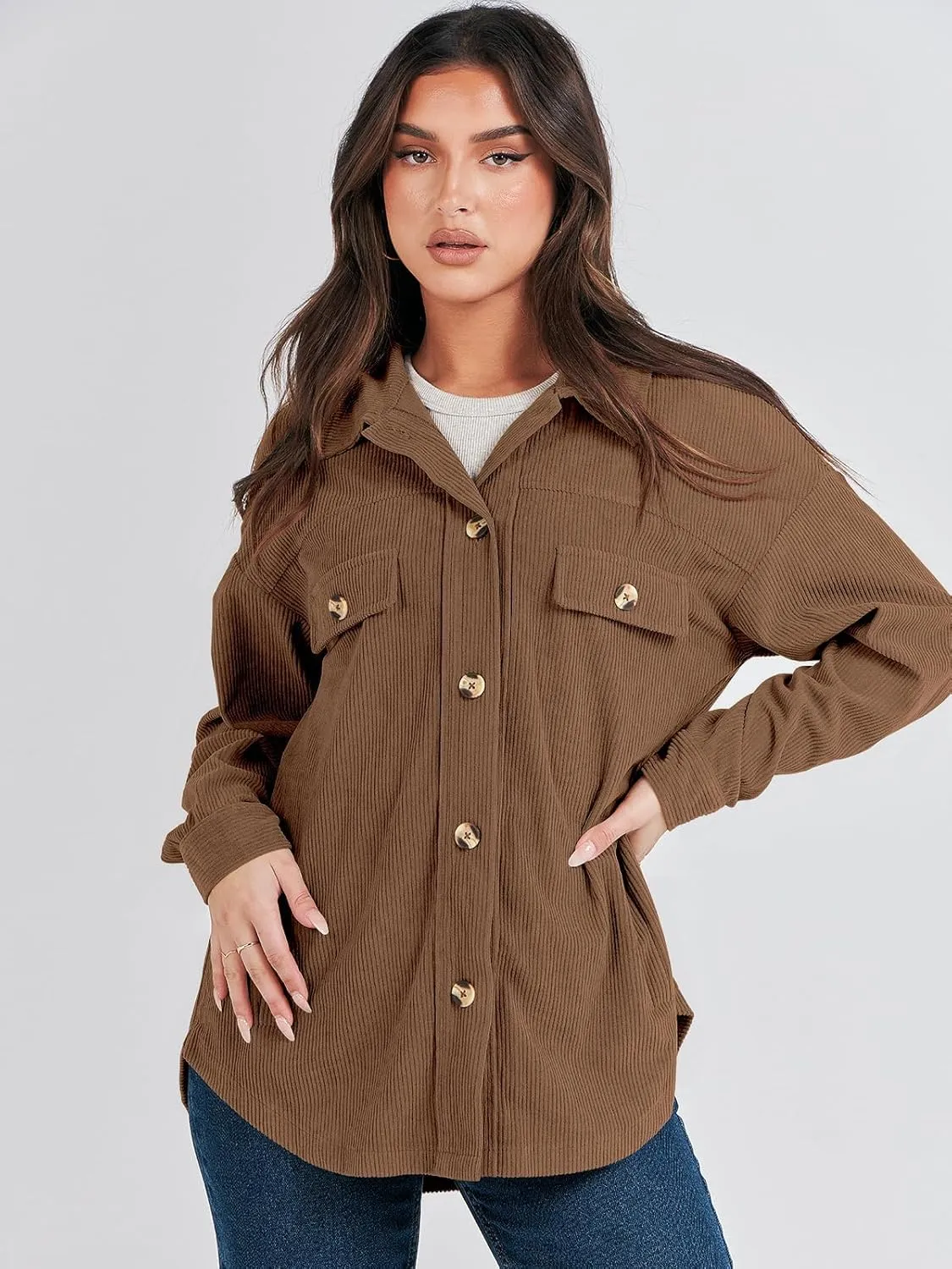 ANRABESS Womens Corduroy Shacket Button Down Shirts Oversized Long Sleeve Casual Cardigan Jacket 2025 Fall Fashion Clothes