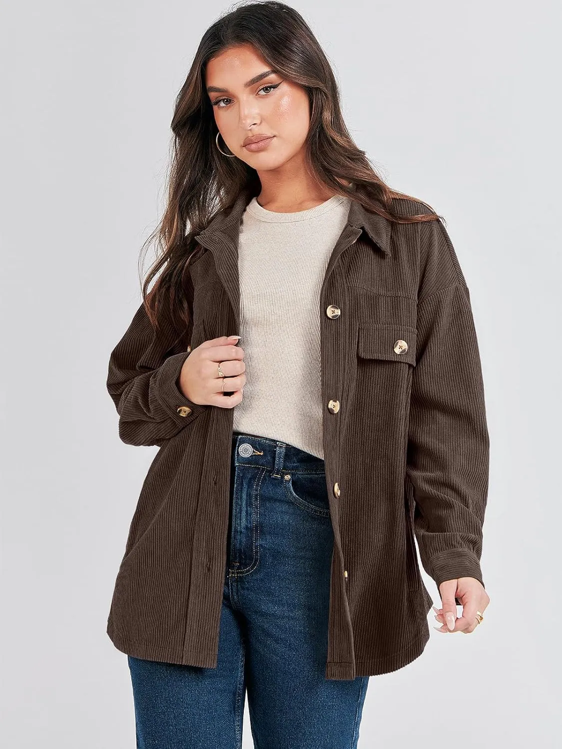 ANRABESS Womens Corduroy Shacket Button Down Shirts Oversized Long Sleeve Casual Cardigan Jacket 2025 Fall Fashion Clothes