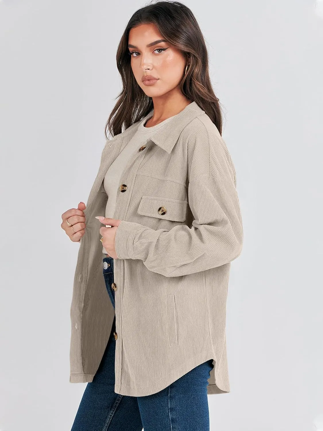 ANRABESS Womens Corduroy Shacket Button Down Shirts Oversized Long Sleeve Casual Cardigan Jacket 2025 Fall Fashion Clothes