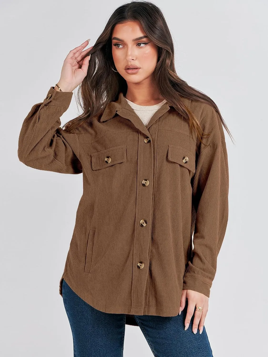 ANRABESS Womens Corduroy Shacket Button Down Shirts Oversized Long Sleeve Casual Cardigan Jacket 2025 Fall Fashion Clothes