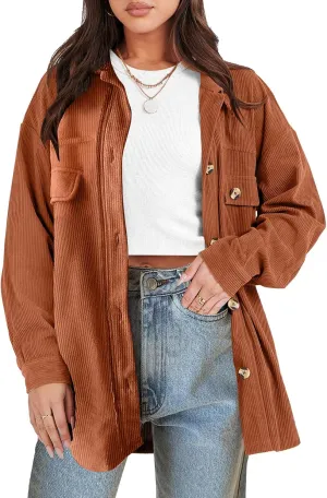 ANRABESS Womens Corduroy Shacket Button Down Shirts Oversized Long Sleeve Casual Cardigan Jacket 2025 Fall Fashion Clothes
